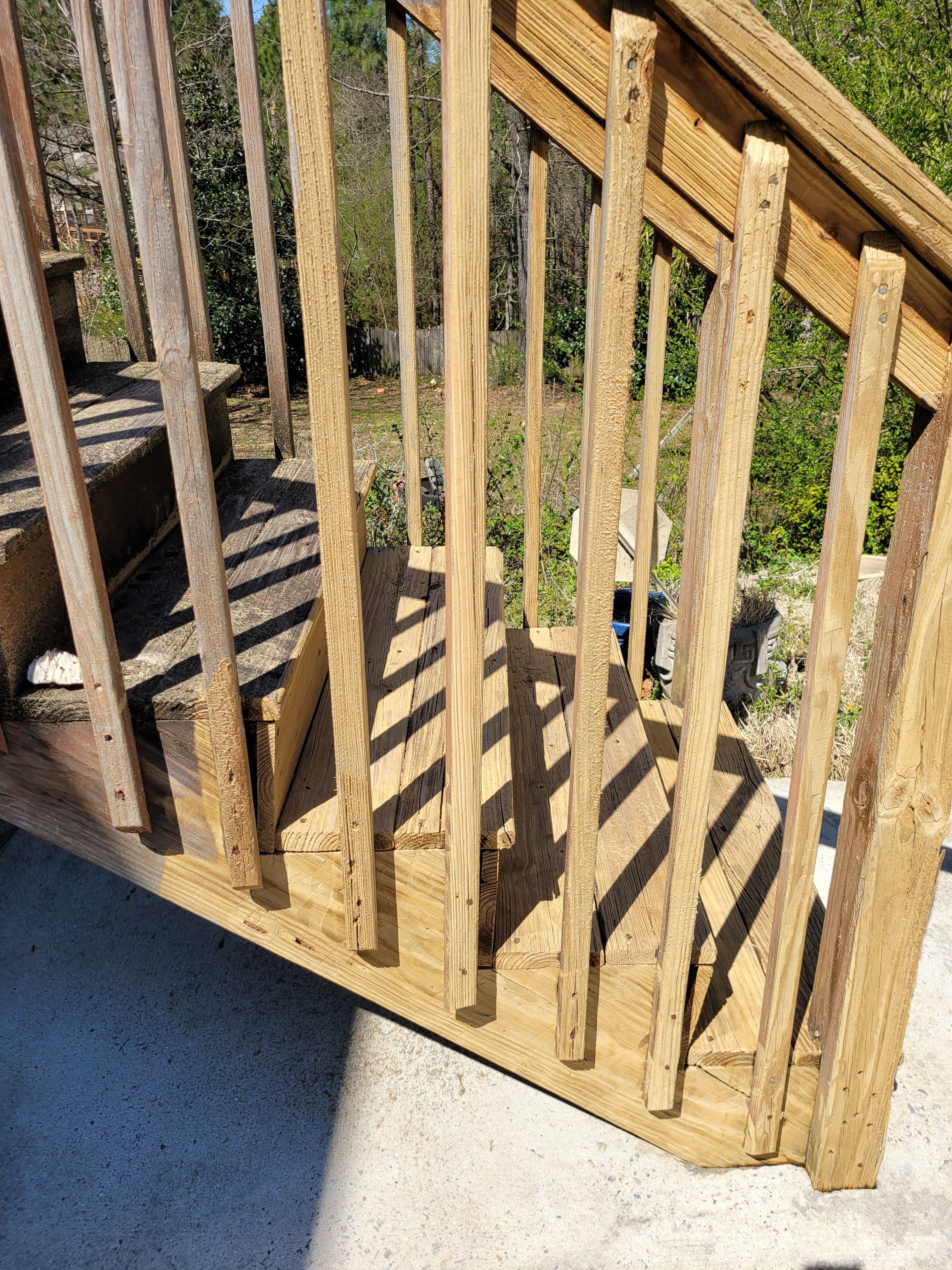 Wooden staircase with railing casting shadows, surrounded by greenery.