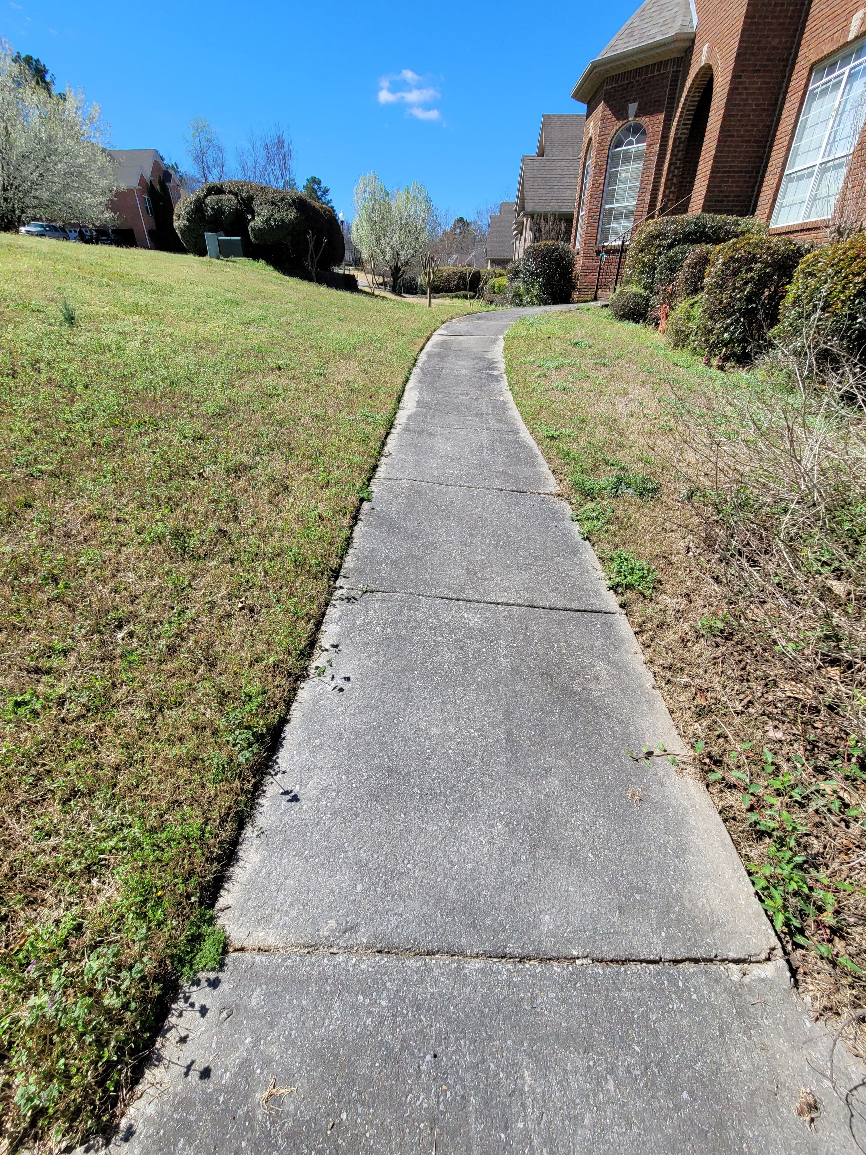 Concrete pathway leading through grassy area toward residential homes under a clear blue sky.